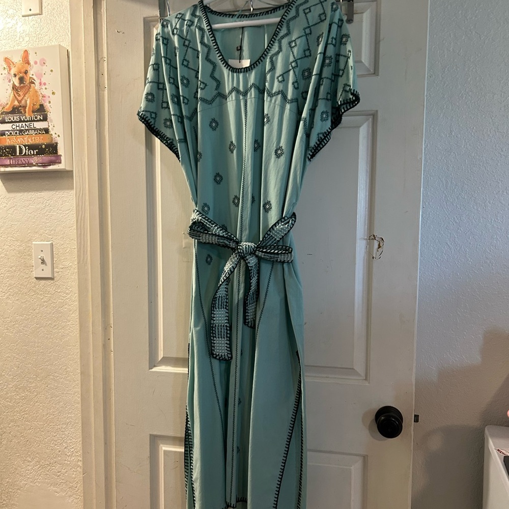 Zara Mint Green Embroidered Tie-Waist Maxi Dress